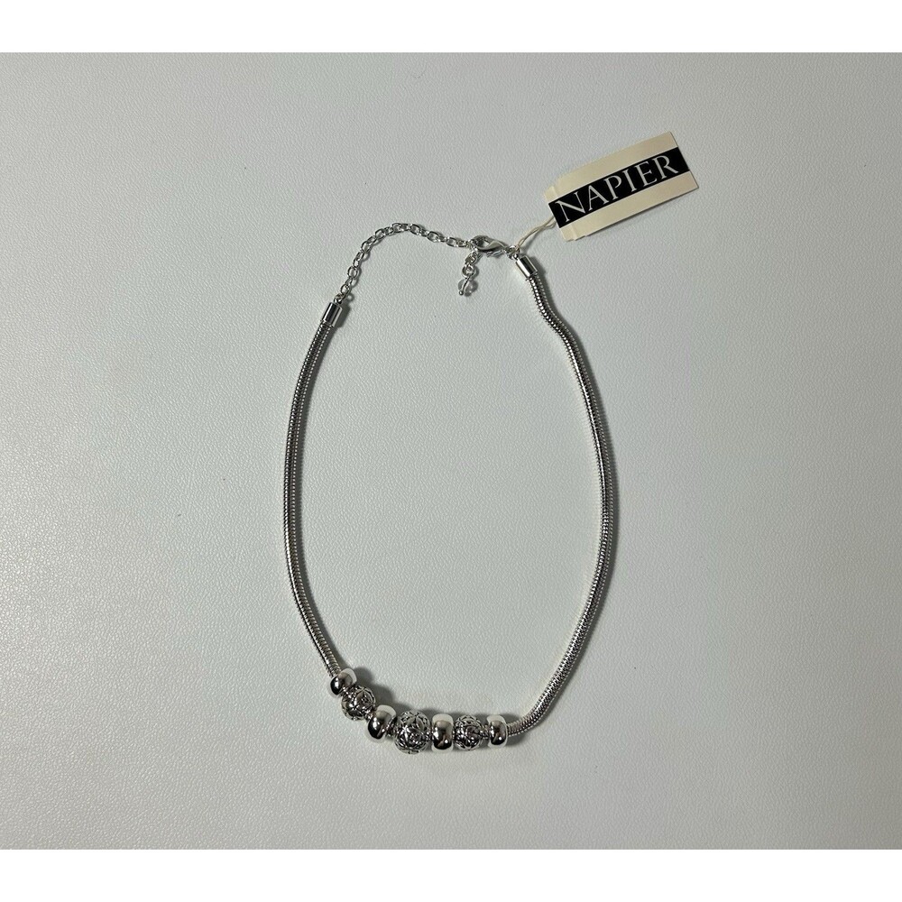 Silver-Tone Napier Snake Chain Necklace Metal Flower Bead Cluster